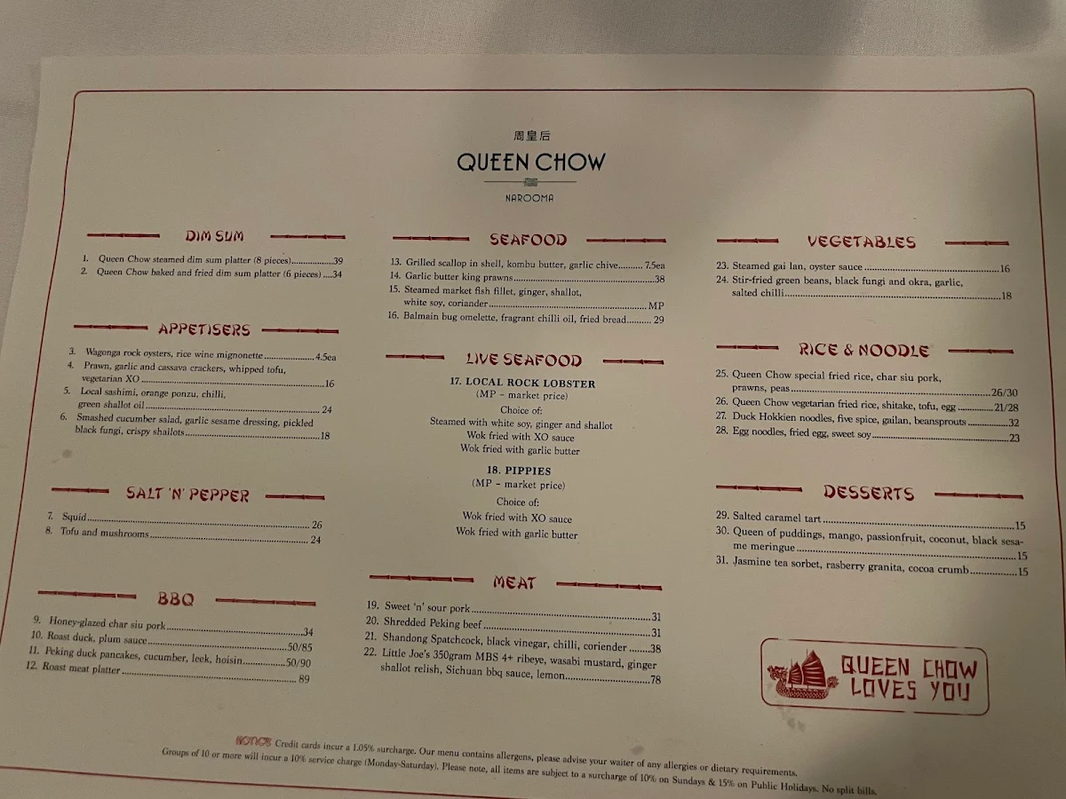 Menu, Queen Chow Narooma