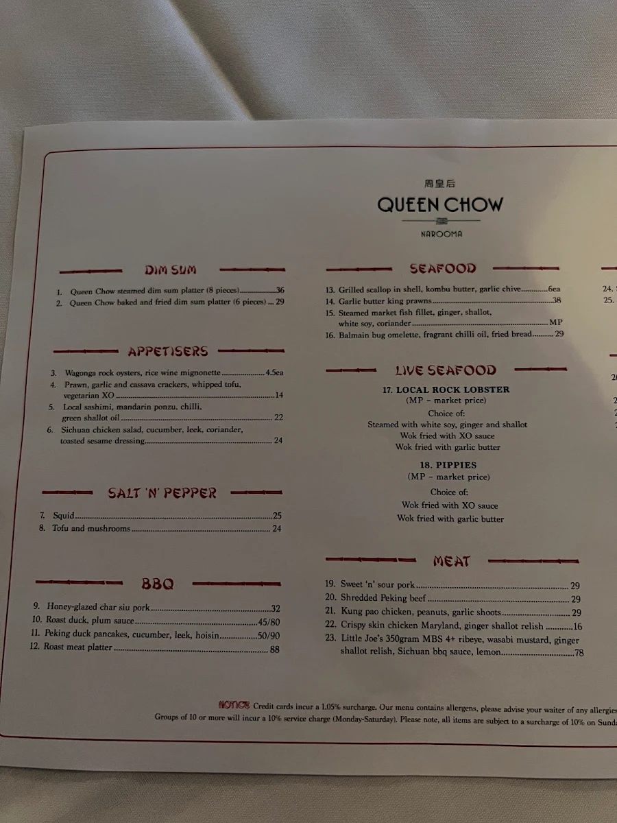 Menu, Queen Chow Narooma