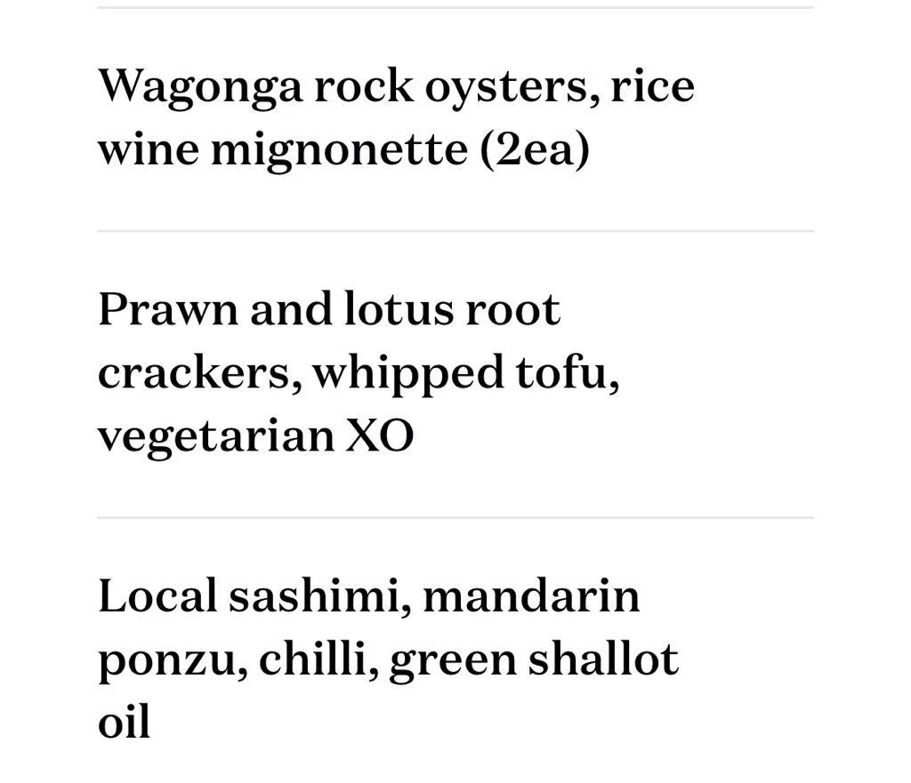 Menu, Queen Chow Narooma