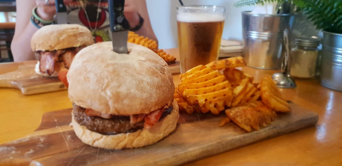 Meat Lovers Burger with Waffle Fries and a Schooner of VB