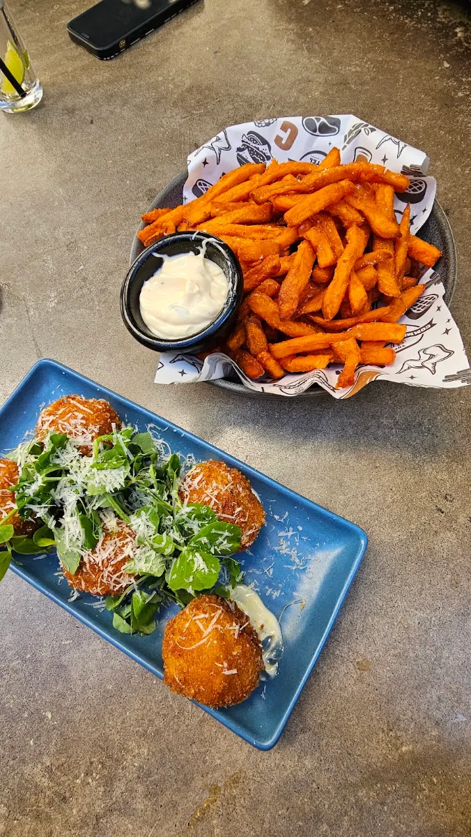 Pumpkin and Fetta Arancini and Sweet Potato Fries