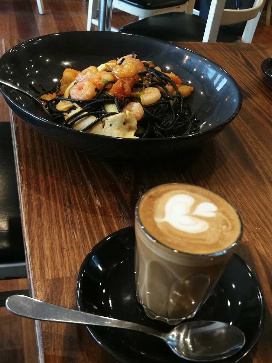 Squid Ink Paghetti and Piccolo Latte