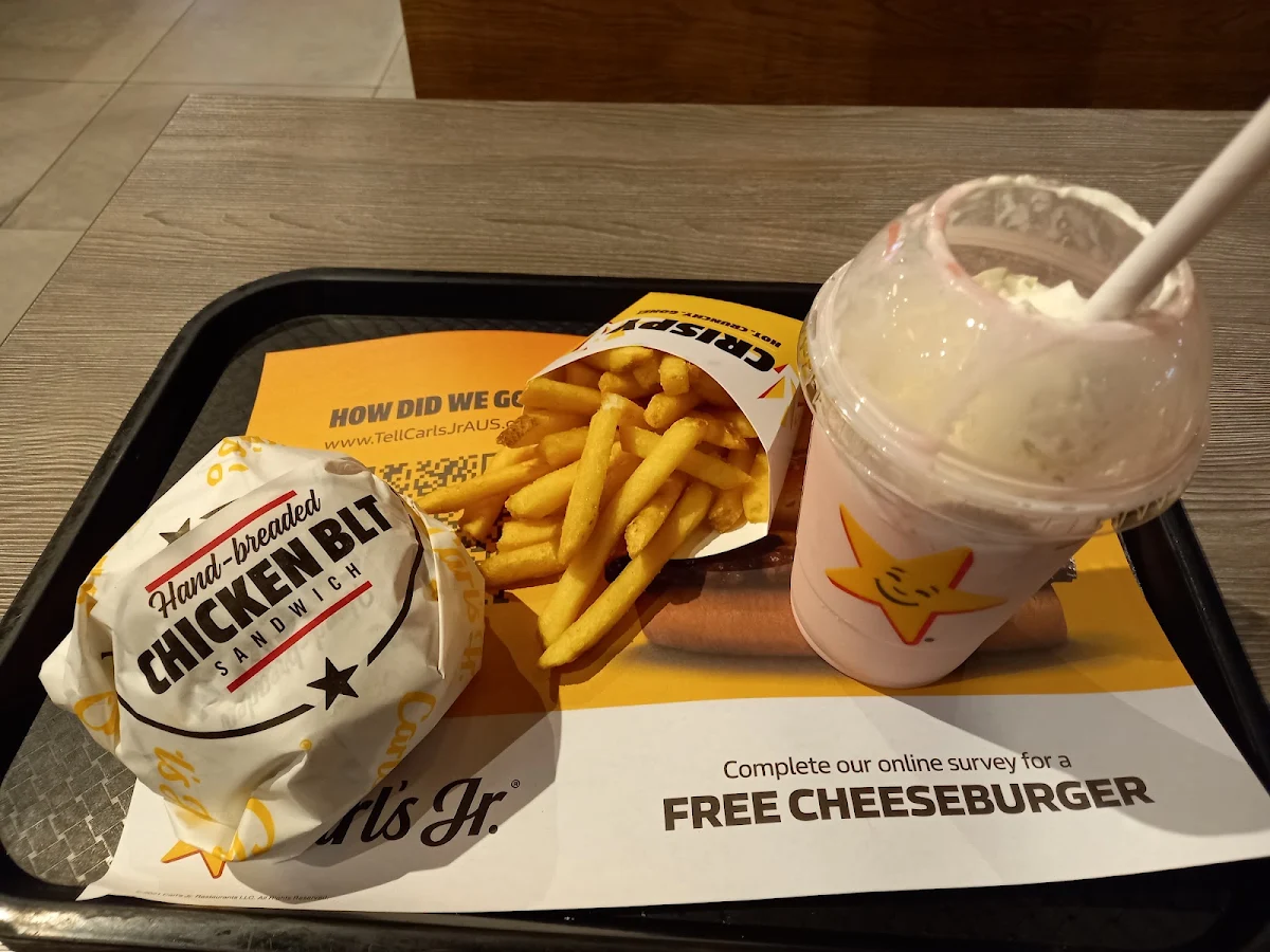 Chicken blt Burger and Fries with Strawberry Milkshake