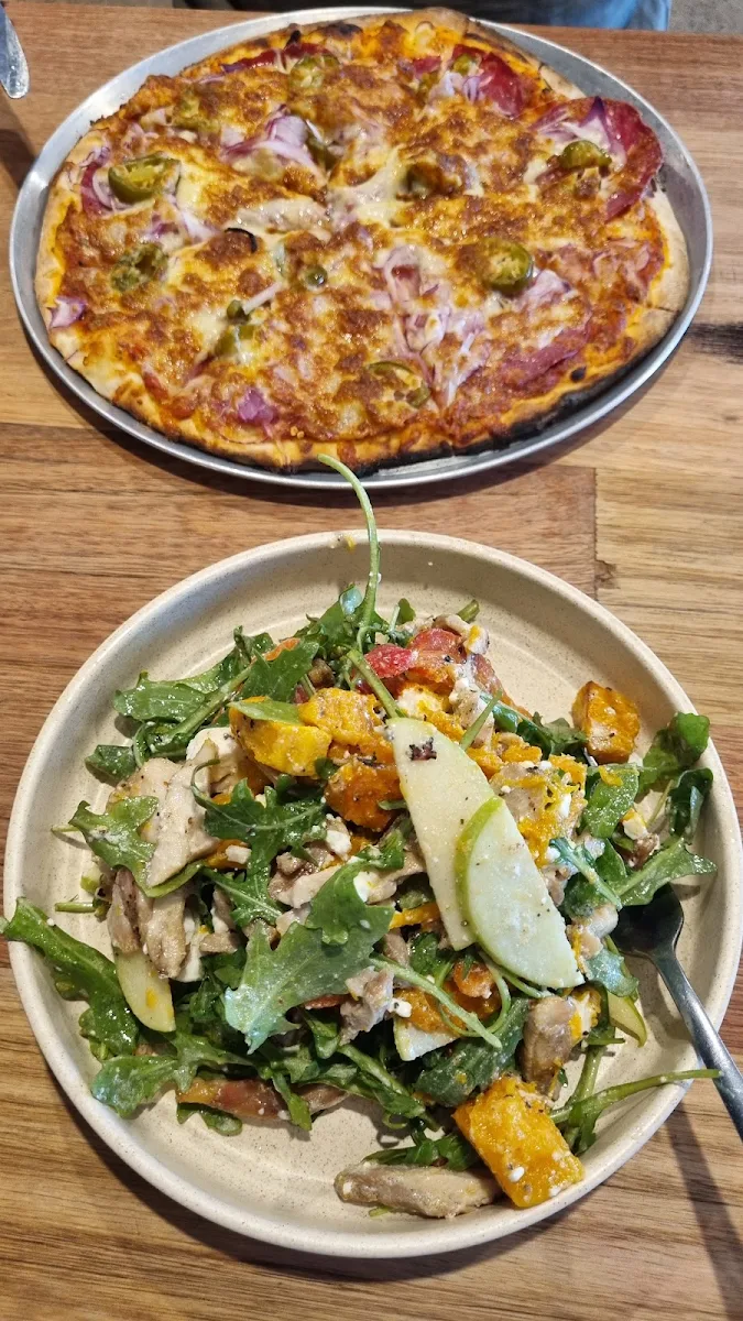 Chicken Salad and Spiced Pizza