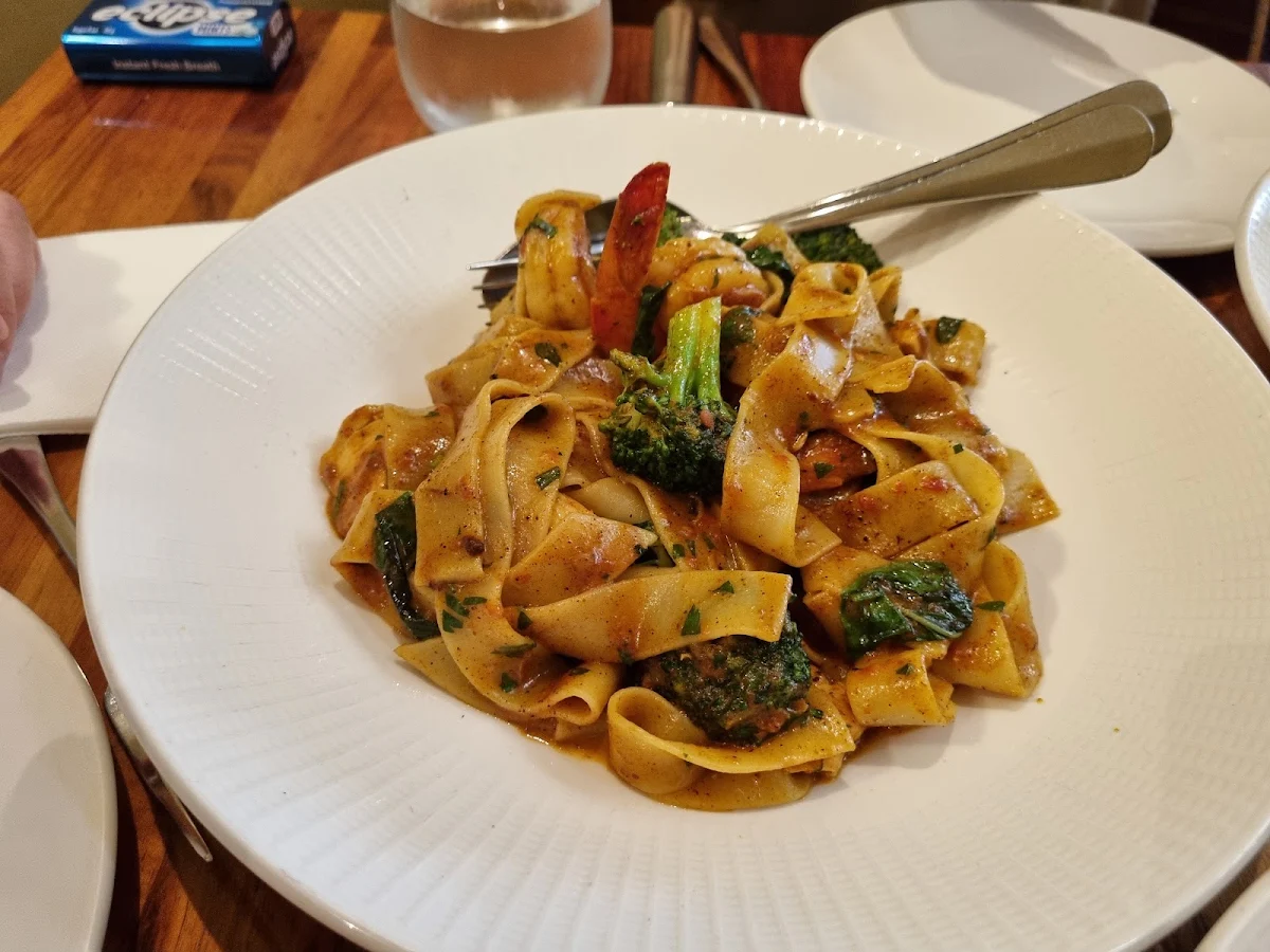 Pappardelle Mistero with Chicken Breast Pieces Prawns and Broccoli in a Mild Curry Sauce