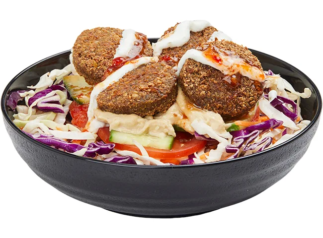Middle Eastern Falafel Bowl with Slaw Tomato Cucumber Mint Feta Tzatziki & Hummus D SS Vo