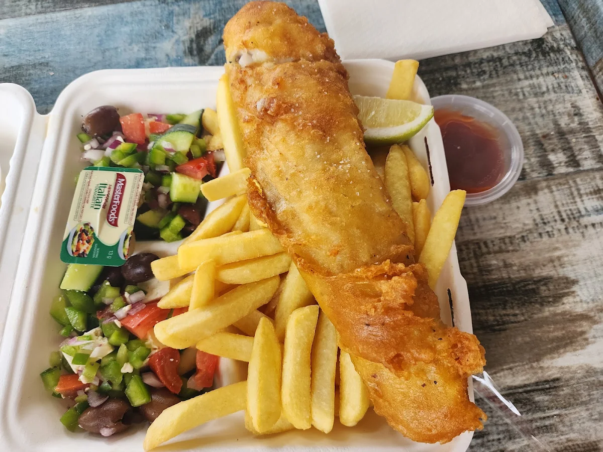 Battered Fish and Chips with Greek Salad