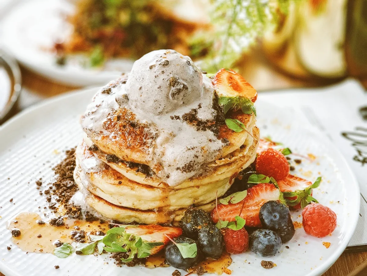 Pancakes with Banana Ricotta Cheese and House Made Blueberry Jam