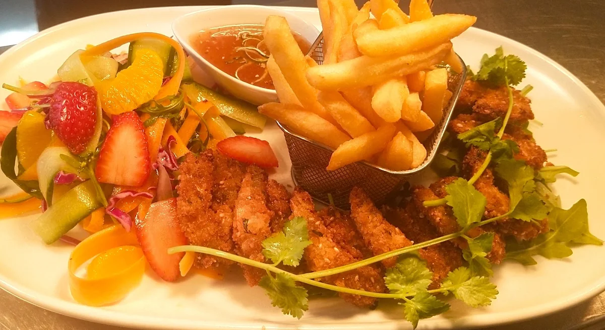 Coconut Prawns Ginger Lime Dipping Sauce Orange Salad N Chips