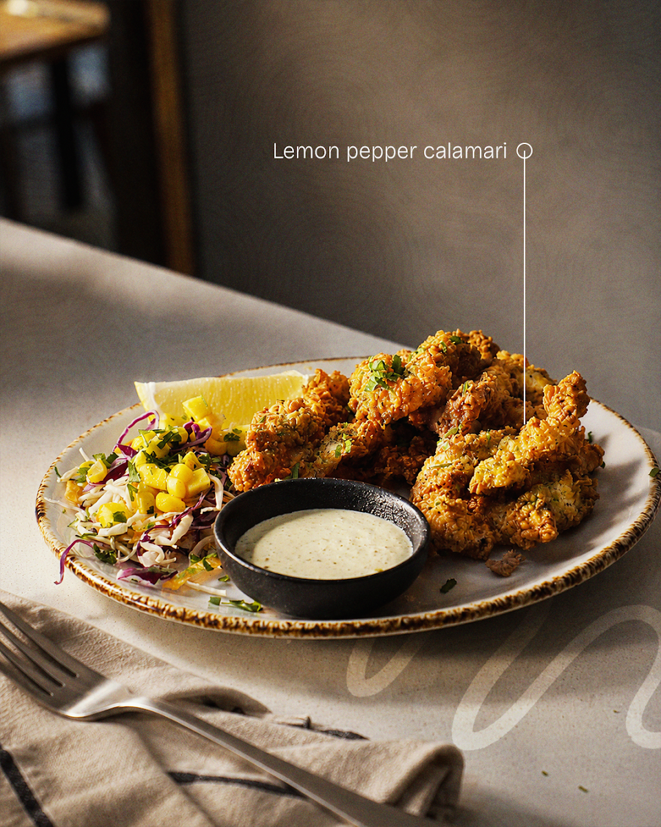 Lemon Pepper Calamari with Chips Garden Salad & Tartare Sauce