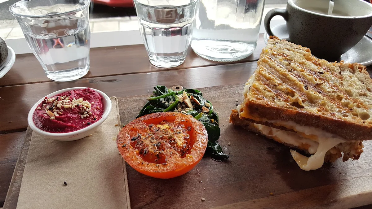 Double Cheese Toastie with Hummus Tomato & Spinach