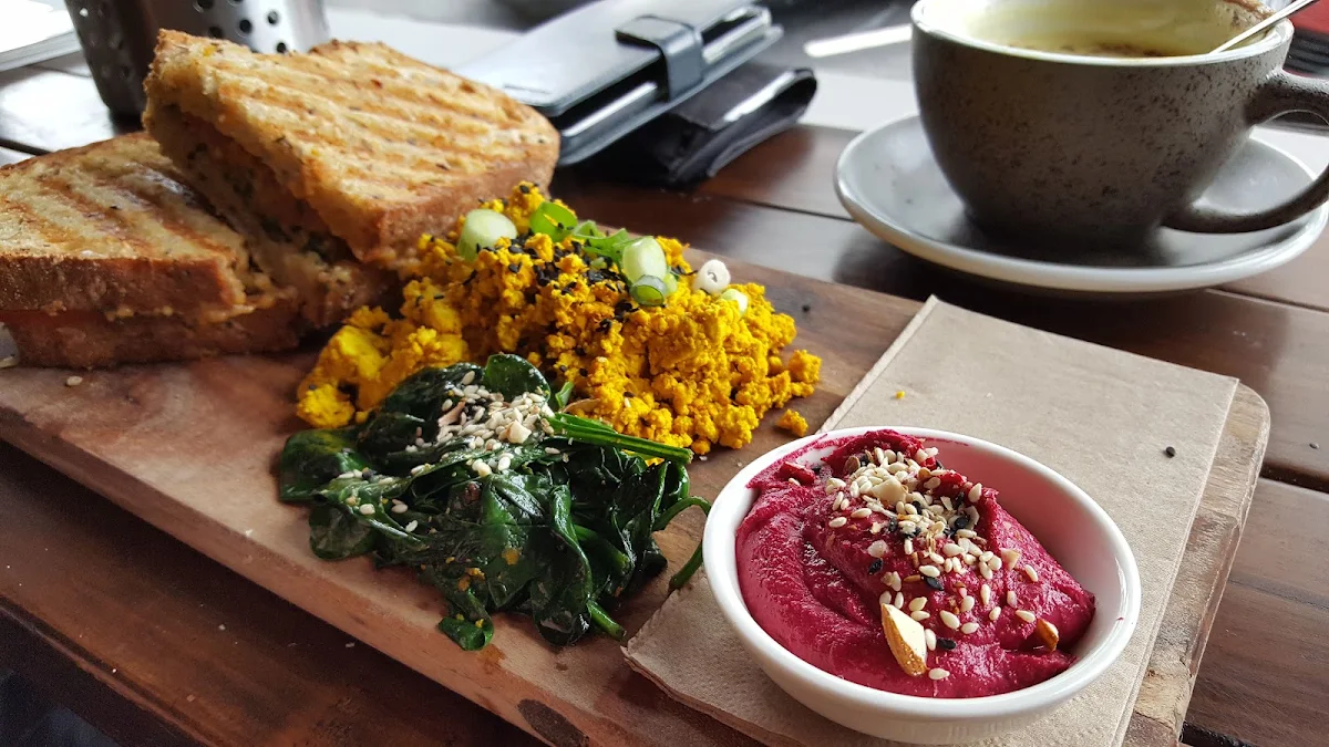 Pesto Toastie with Hummus Scrambled Tofu & Spinach
