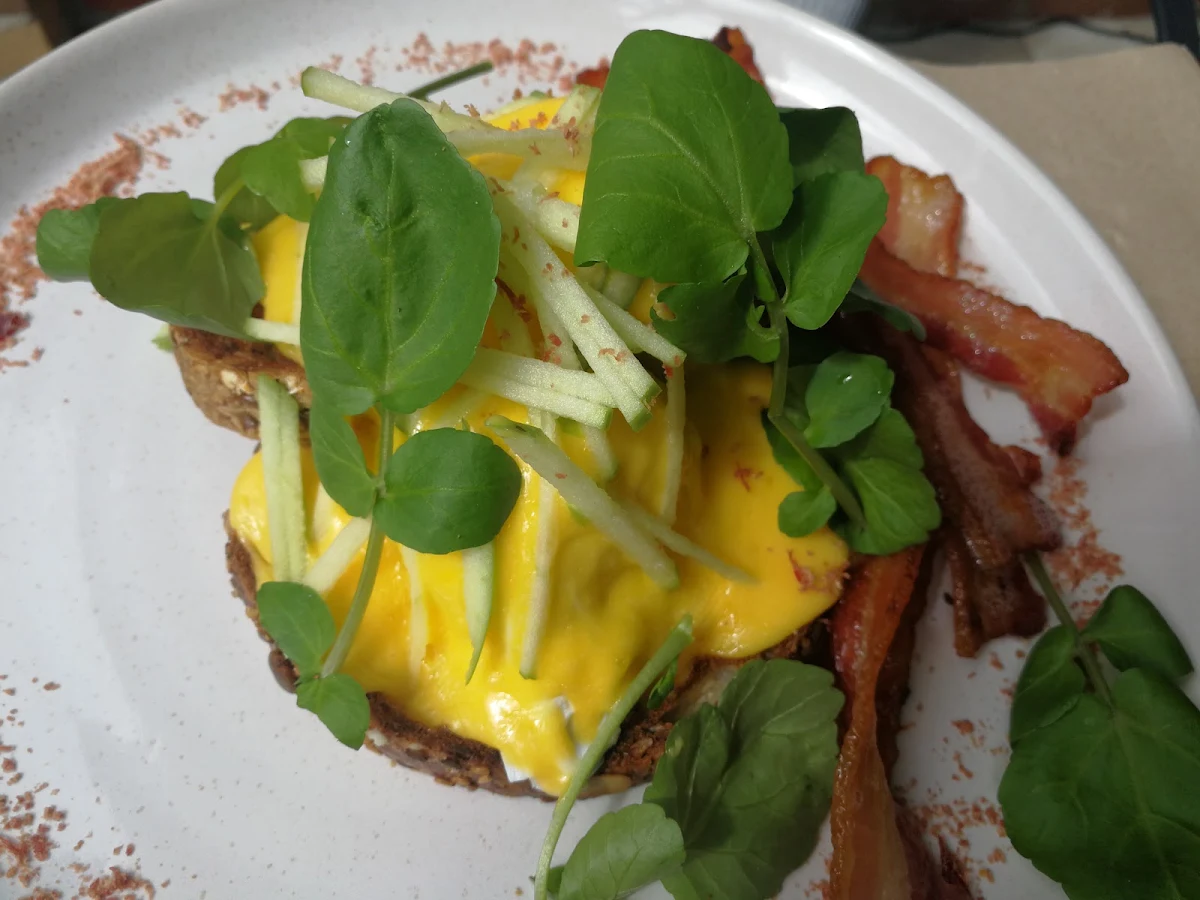 Piemontese Eggs Benedict with Poached Veal Tuna Mayo Organic Seeded Sourdough