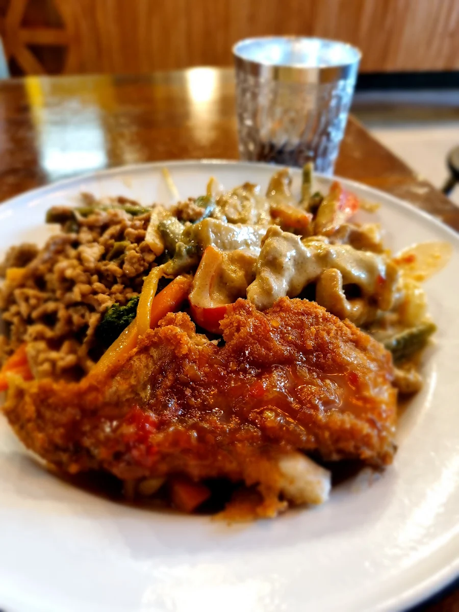 Lunch Special Curry Chicken Basil Pork and Barramundi