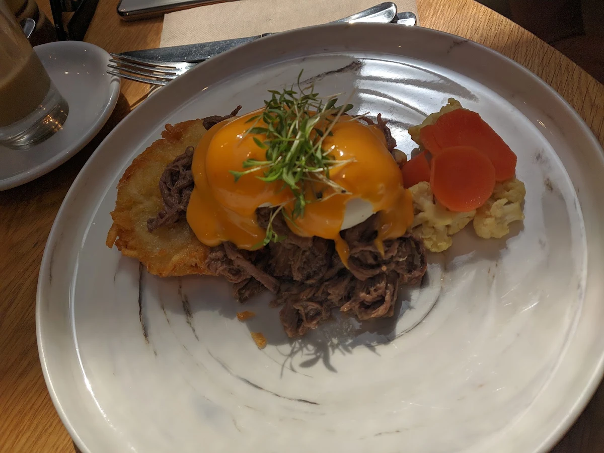 Brisket with Poached Eggs and Hash