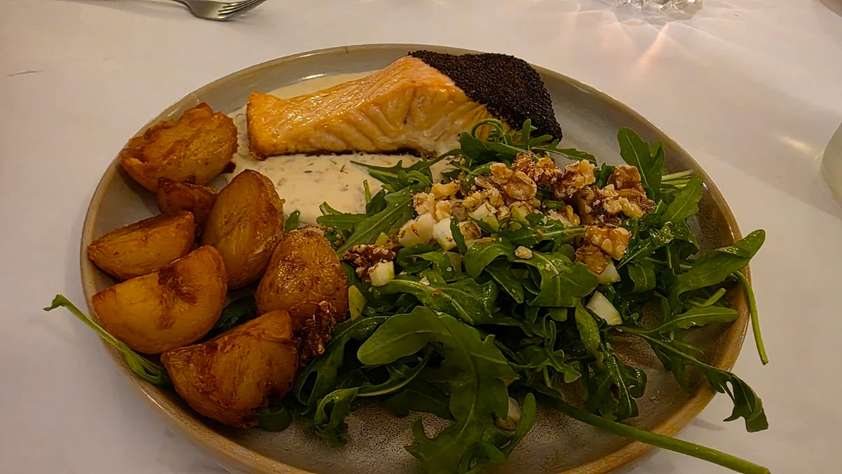 Oven Baked Atlantic Salmon Fillet Coated in Black Wattleseed with a Horseradish