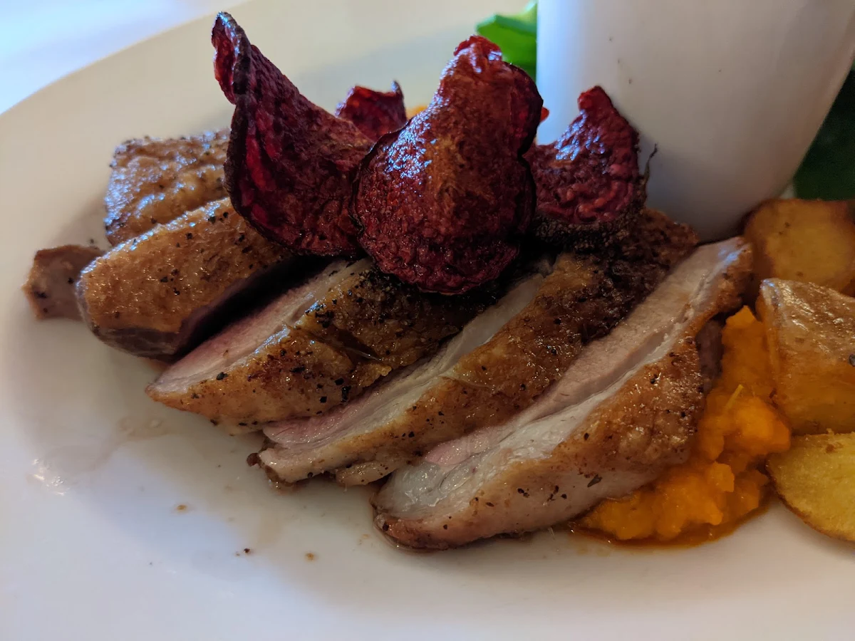 Seared Duck with Carrot & Ginger Purée & Orange Liqueur Reduction