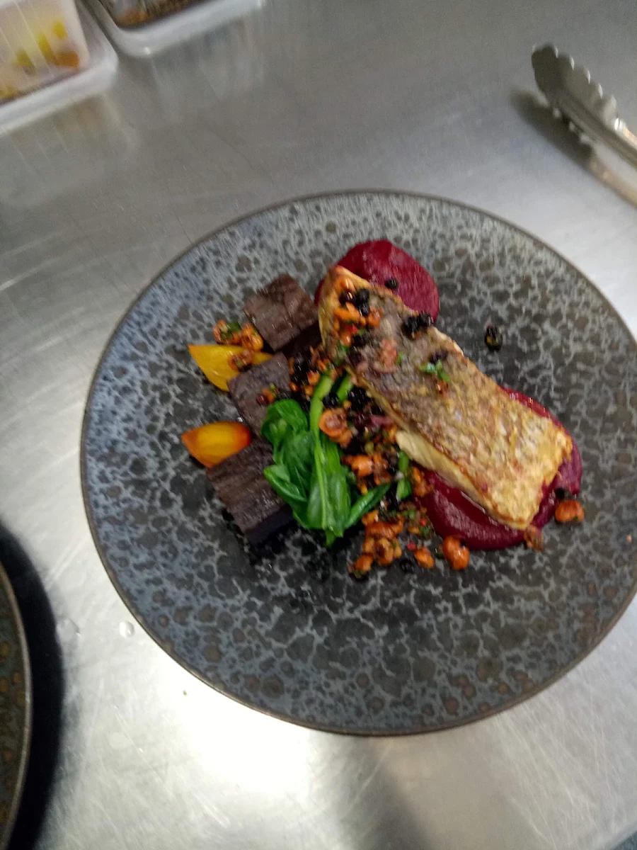 Baked Barramand Purple Potato Gallete Beetroot Puree Bok Choy