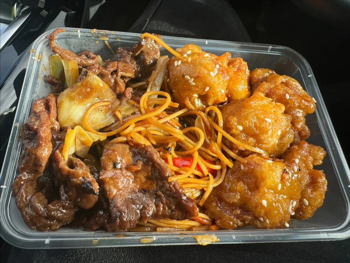Honey Chicken and Beef with Black Bean Noodles