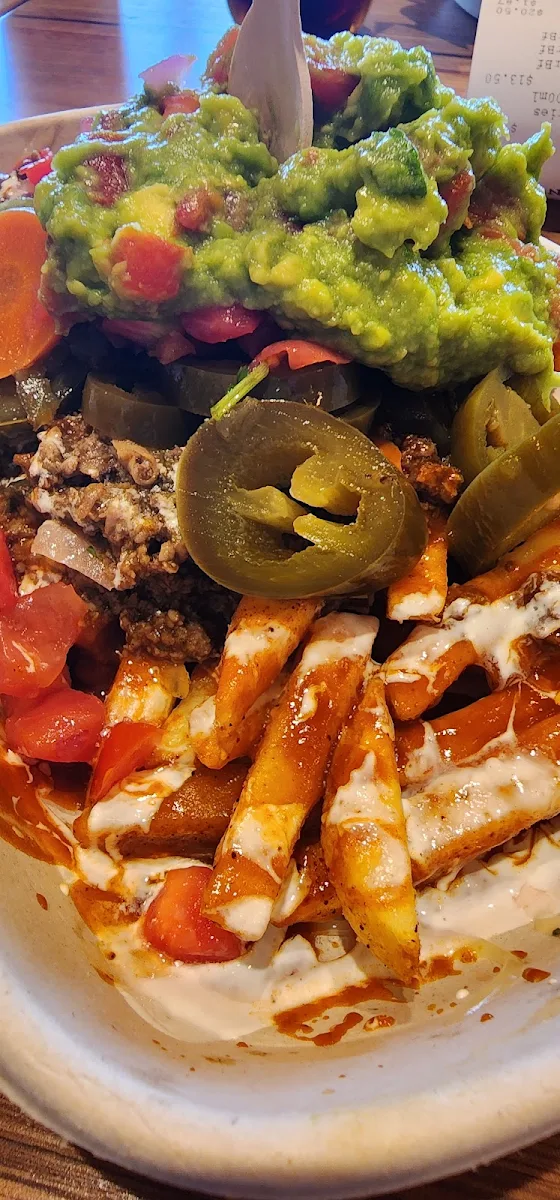 Ground Beef Burrito Bowl with Guacamole and Chips