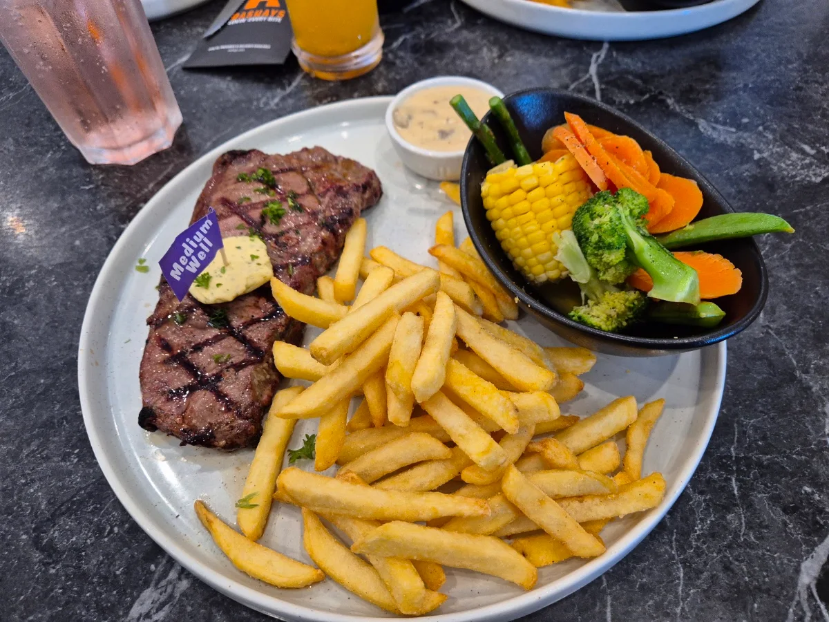 Sirloin Steak and Chips with Steamed Vegetables with Mushroom Sauce