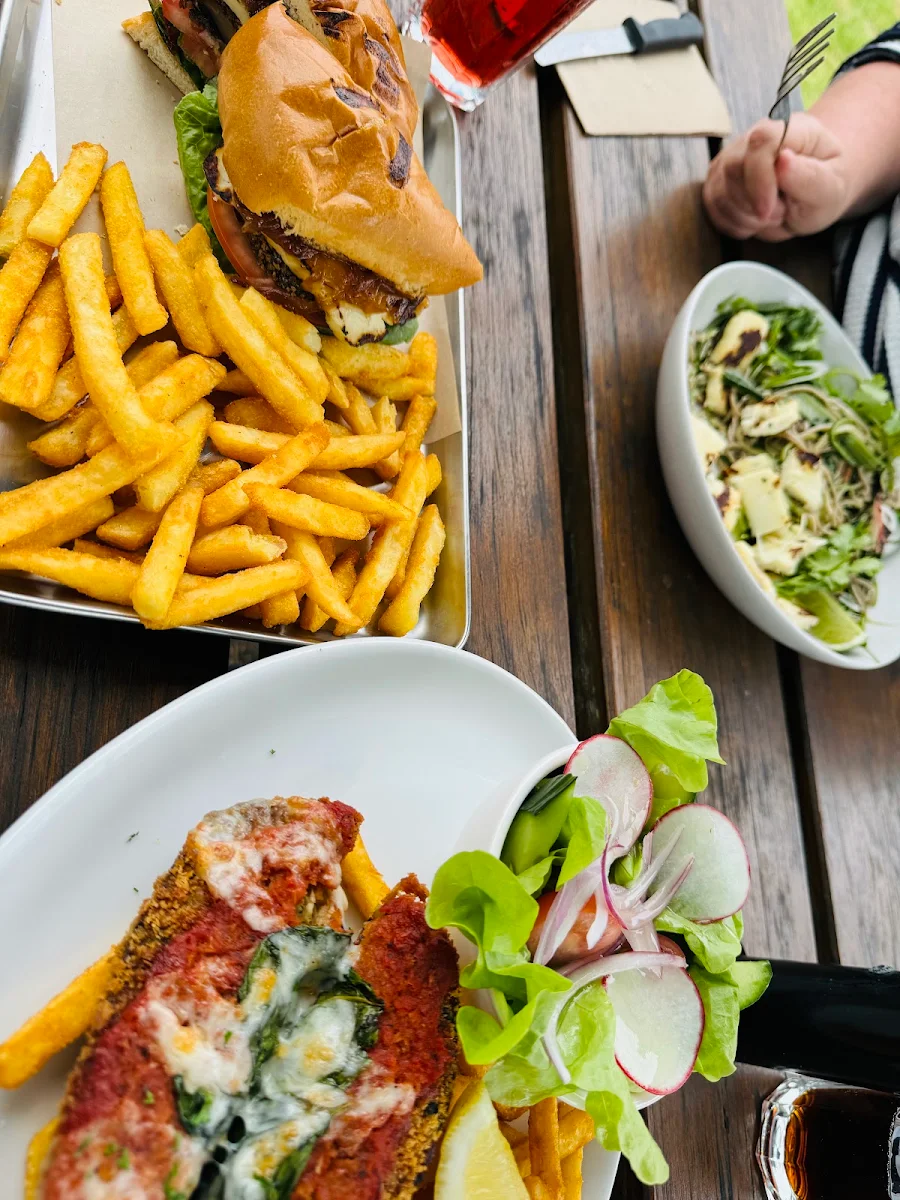 Eggplant Parmigiana Soba Noodle Salad with Halloumi and Mushroom Burger from Bottom Anticlockwis