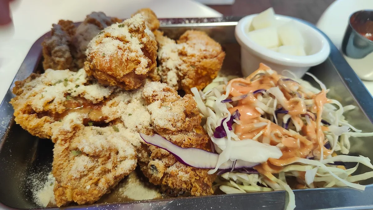 Fried Chicken with Garlic Snow and BBQ Sauce