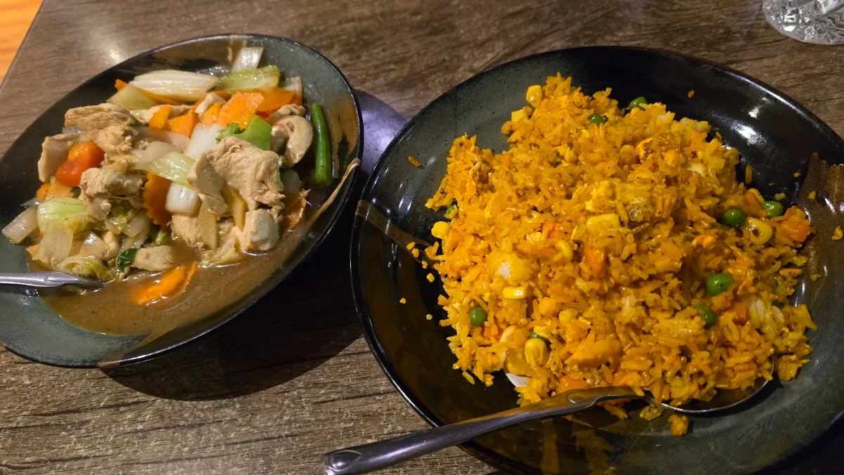 Fried Rice and Wok Stirred Chicken with Veggies