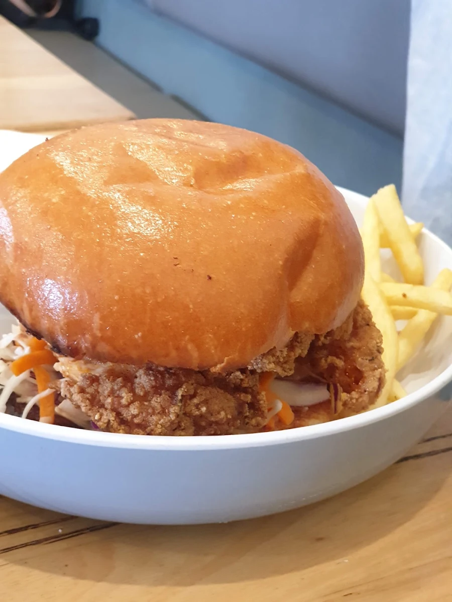 Buttermilk Fried Chicken Burger with Kewpie Mayonnaise Slaw and Side of Chips