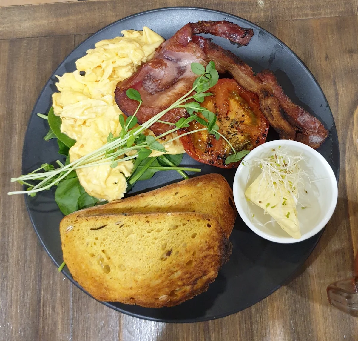 Scrambled Eggs on Sourdough with a Side of Bacon