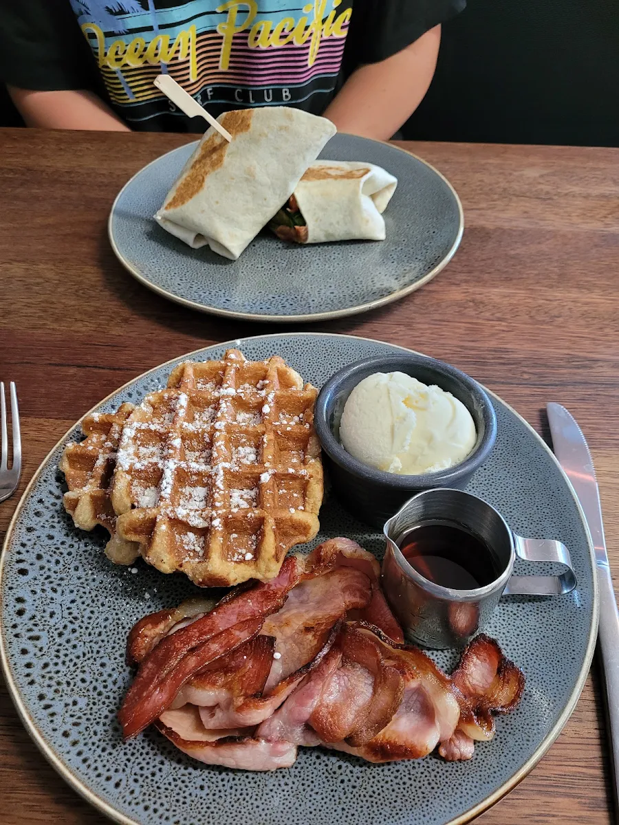 Belgian Waffles Bacon Maple Syrup and Icecream