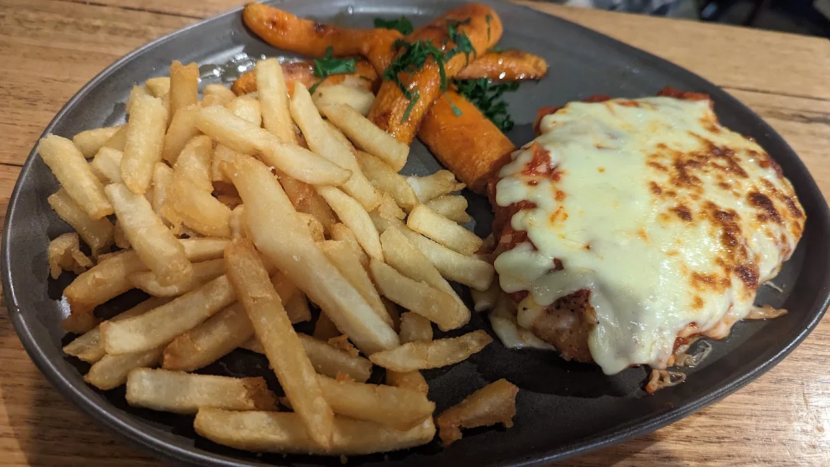 Chicken Parma with Chips and Glazed Carrots