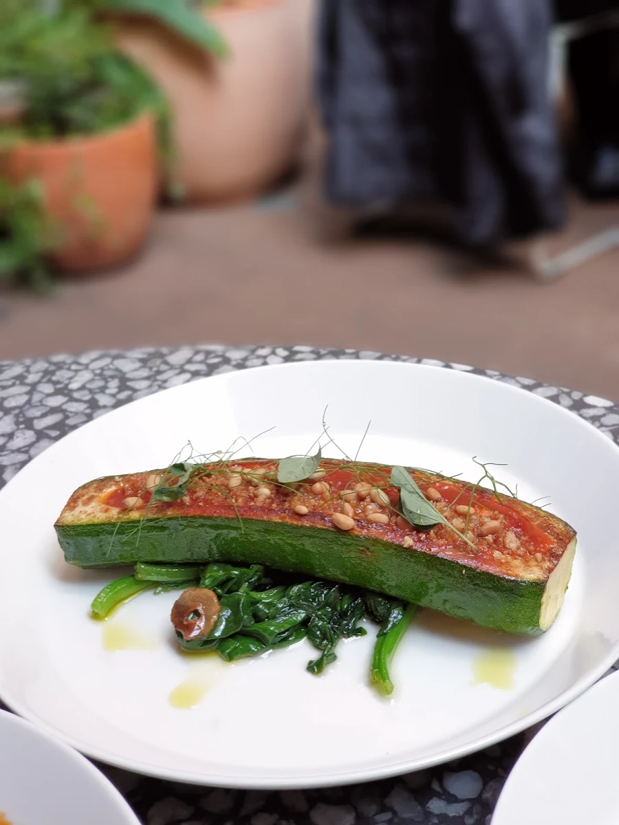 Roasted Tomato & Pine Nut Filled Zucchini with Pangrattato Greens & Garlic