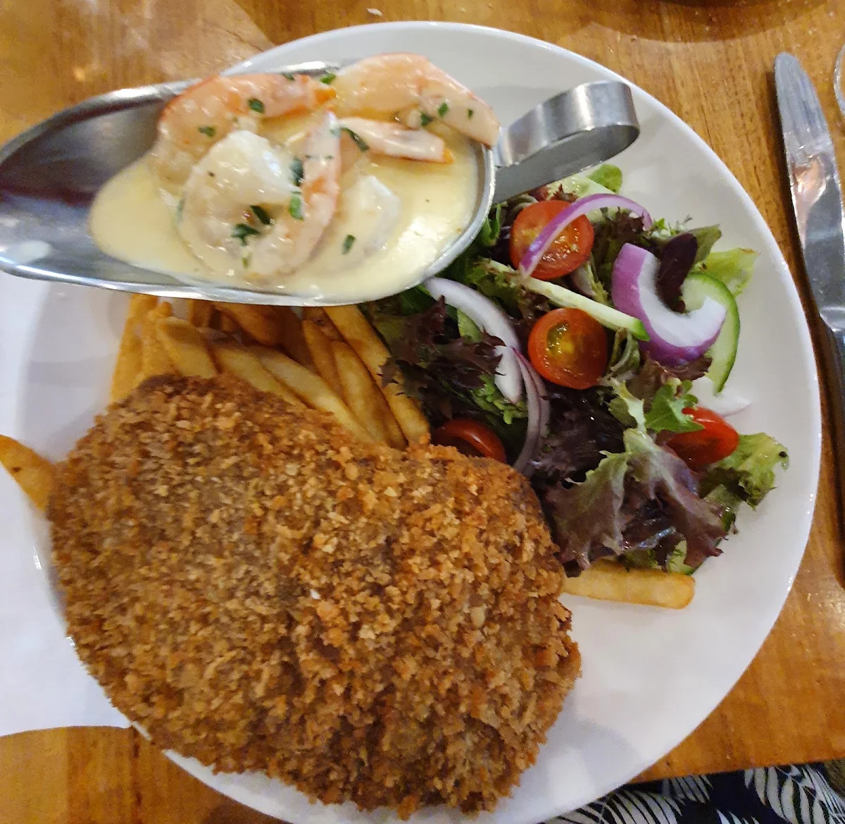 Beef Schnitzel with Garlic Prawns