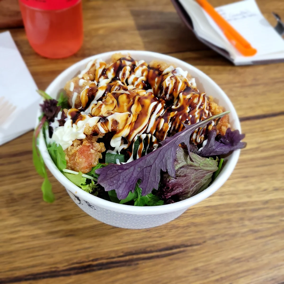 Single Set Meal Fresh Salmon Poke Bowl Takoyaki Fuze Tea Peach