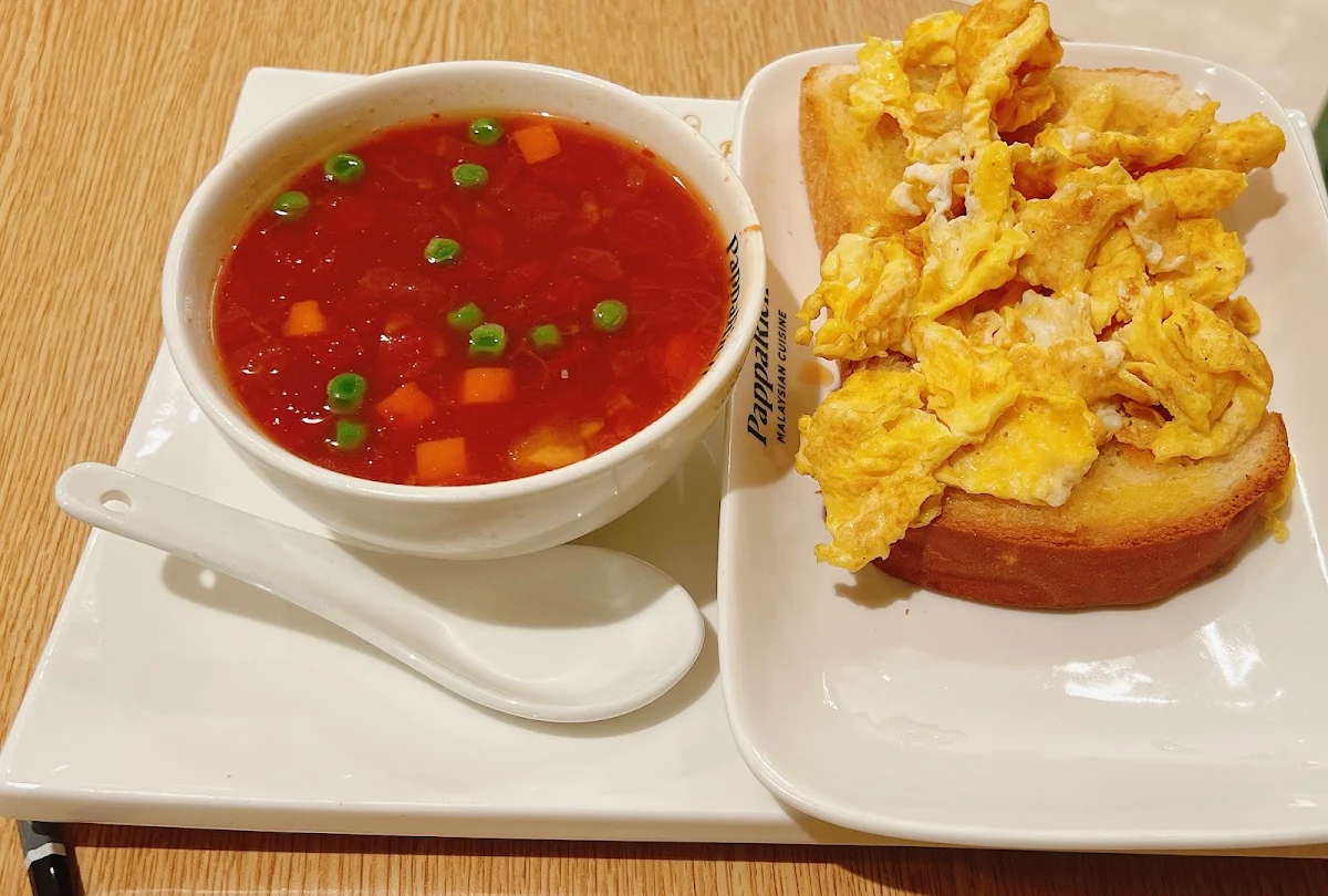 Macaroni Tomato Soup with Toast and Scrambled Eggs