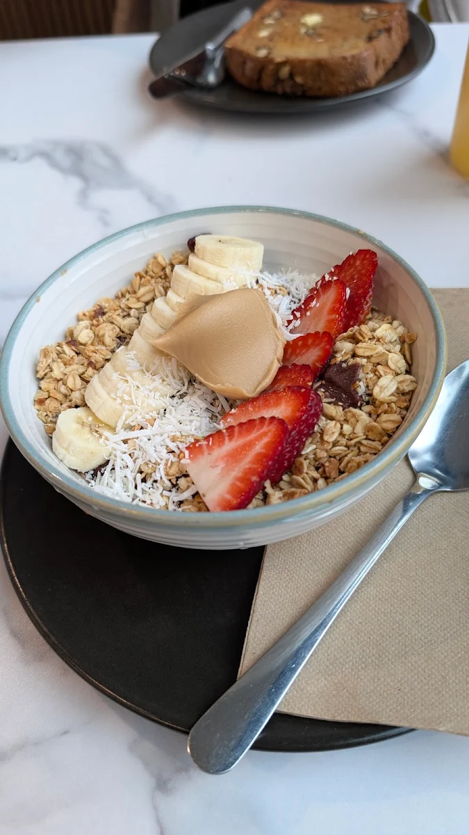 Acai Bowl with Granola Strawberries Banana Blueberries Peanut Butter