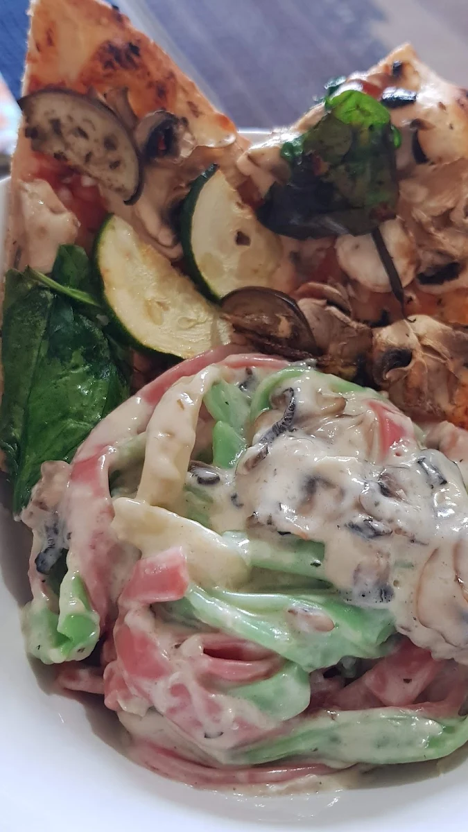 Vegan Pizza and Fetuccine Cabonara