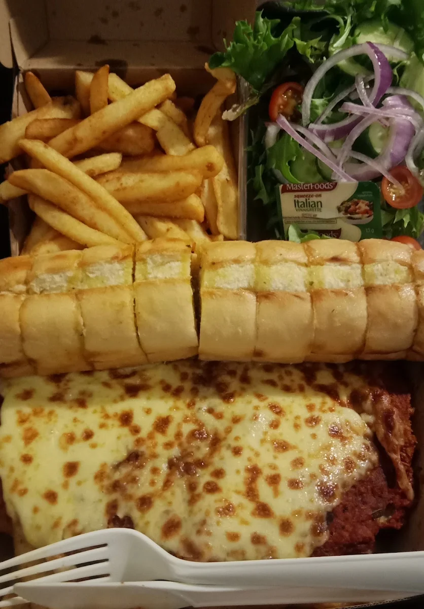 Chicken Parmigiana Chips Garlic Bread Salad