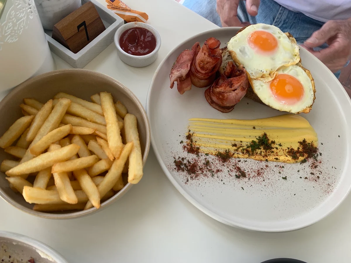 Bacon and Eggs on Toast with a Side of Fries