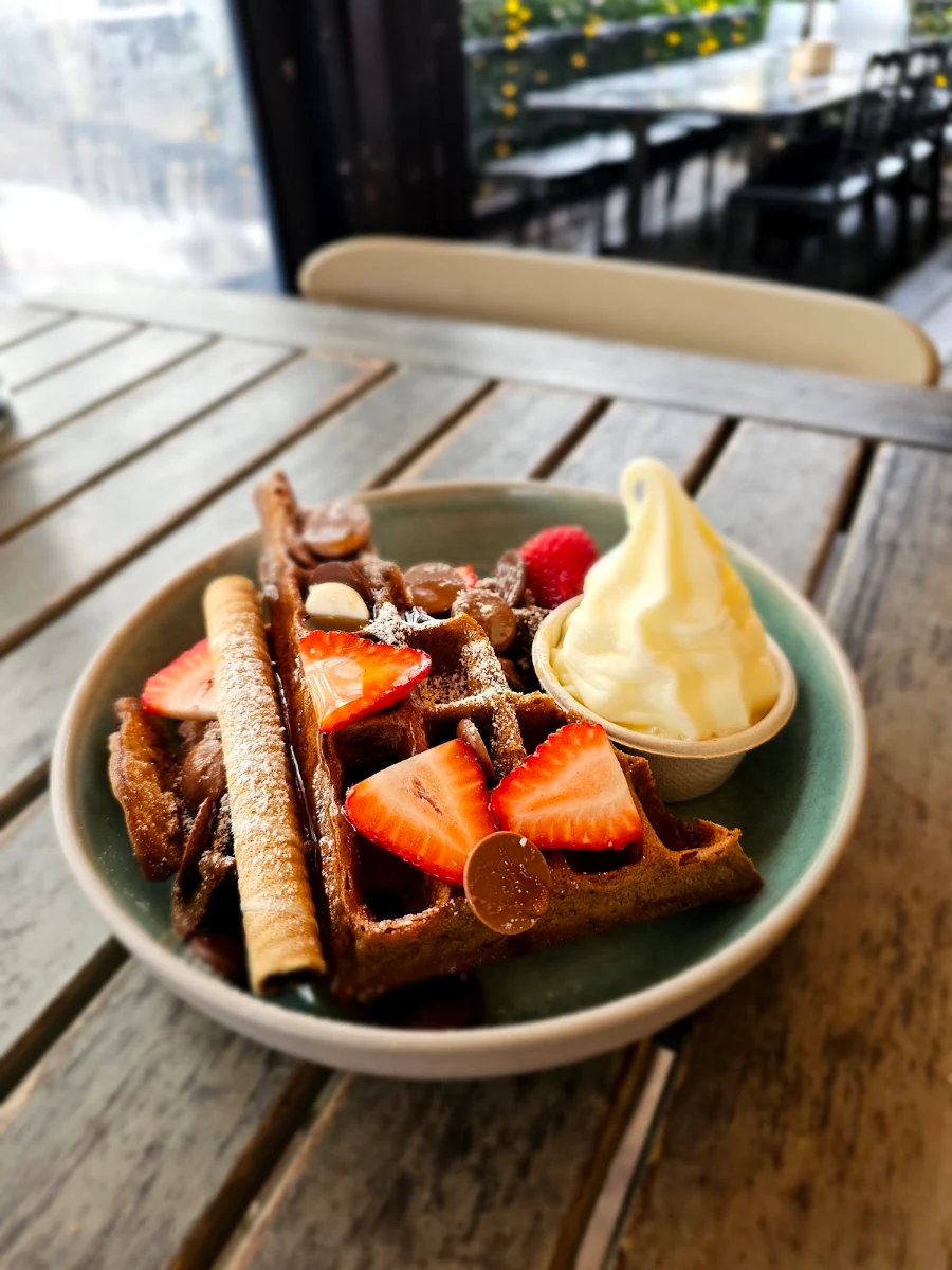 Junior Choc Chip Waffles, Coffee Cat On Kings Beach