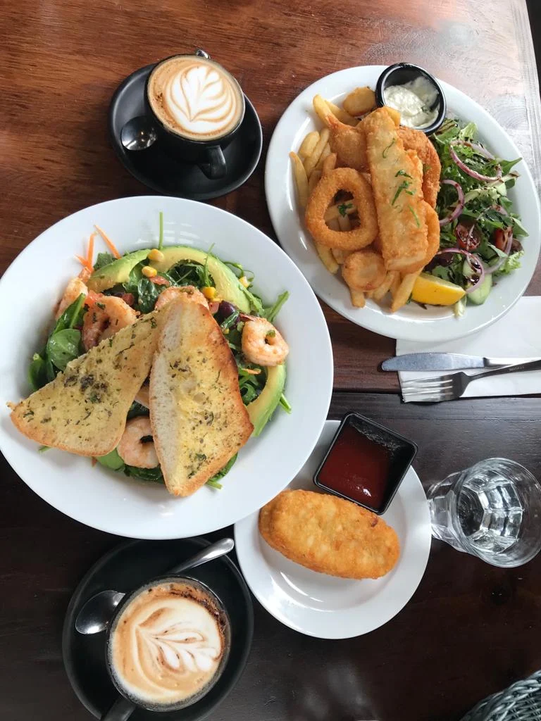Prawn Avocado Toast Fish and Chips Cappuccino