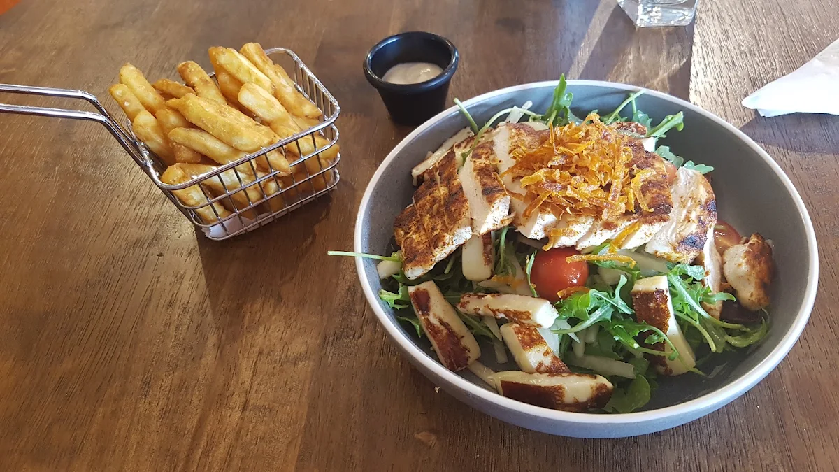 Haloumi Salad with Grilled Chicken and Seat Salt Chips