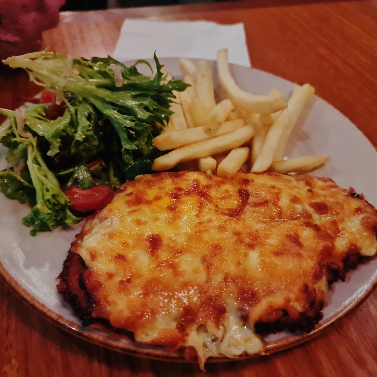 Chicken Parmigiana with Chips and Salad