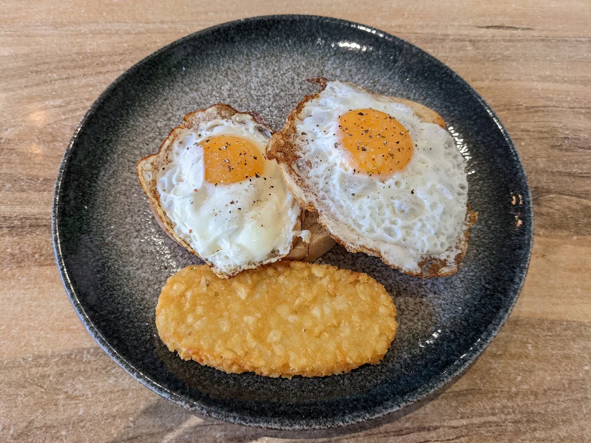 Fried Eggs on Sourdough and a Hash Brown