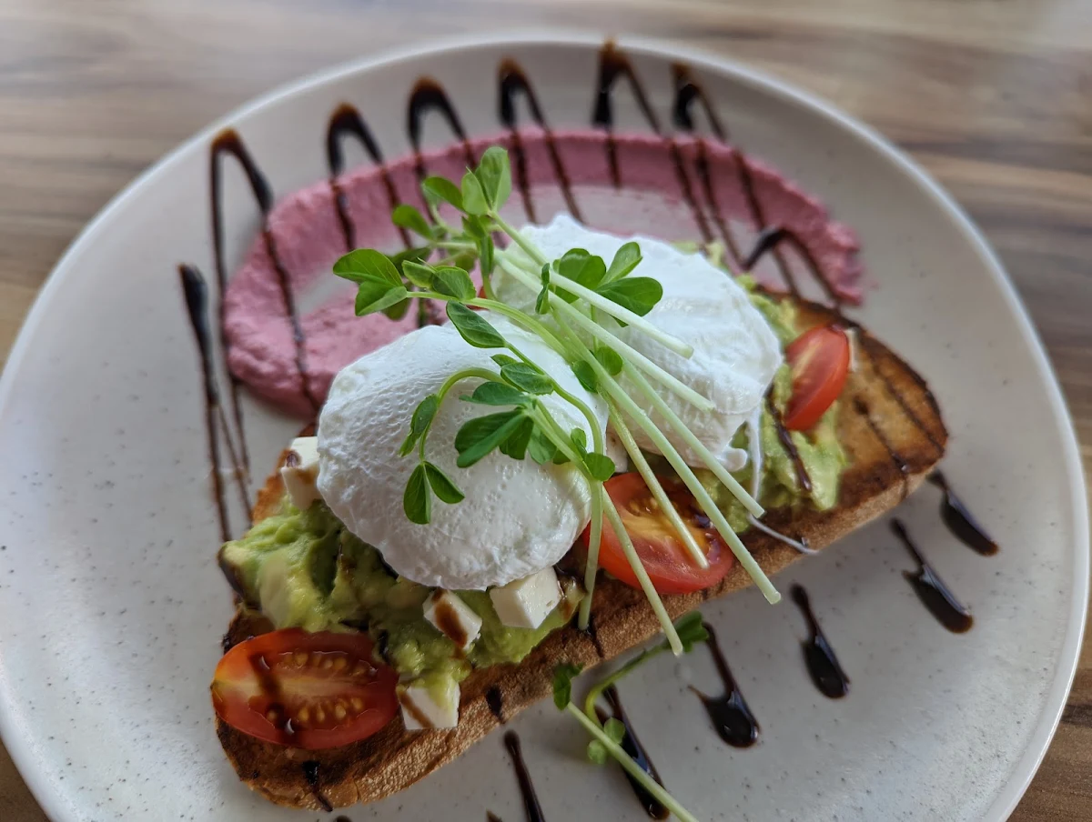 Smashed Avocado with Feta Beetroot Dip and 2 Poached Eggs