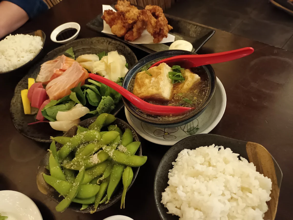 Sashimi Karaage Agedashi Tofu and Edamame