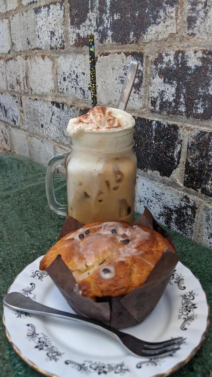 Ice Coffee on Coconut Milk with Pineapple and Passionfruit Muffin