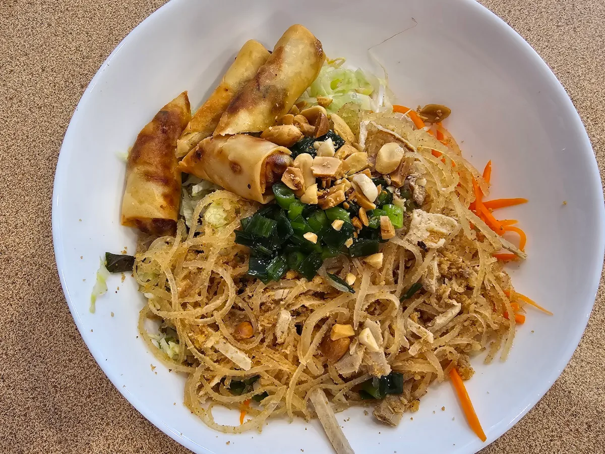 Rice Vermicelli Salad with Shredded Pork and Spring Rolls