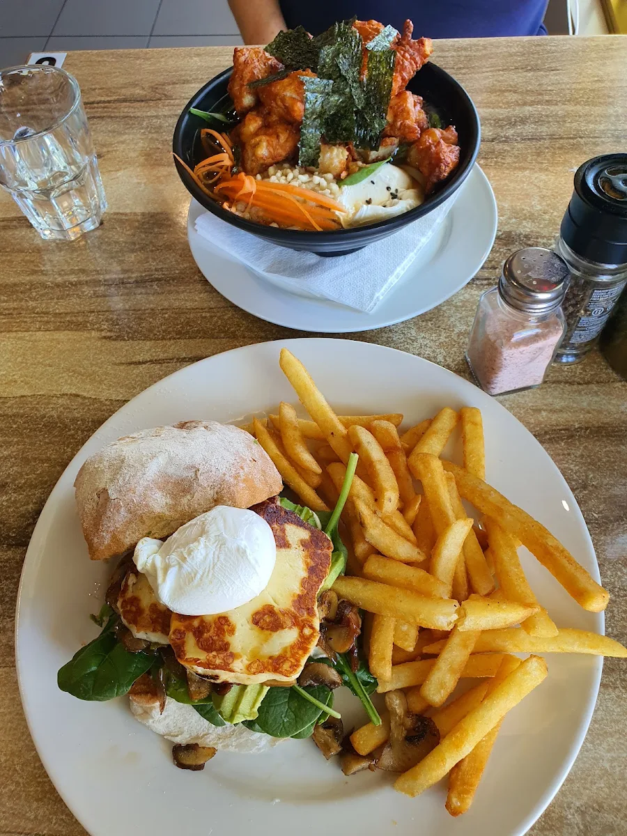Veggie Burger & Udon Noodle Soup